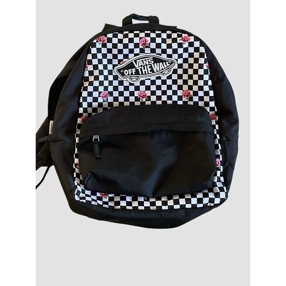 Vans Off The Wall Backpack Black White Checkered With Pink Roses - Picture 1 of 8
